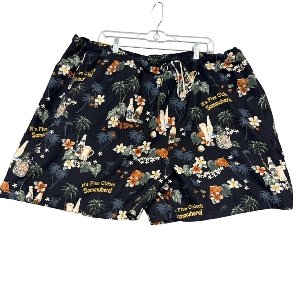 Big Dogs Swim Trunks Mens 2XL Black Hawaiian Beer Print Elastic Waist Mesh Lined